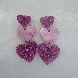 Triple Heart Drop Earrings - Pink Glitter & Pearl Finish